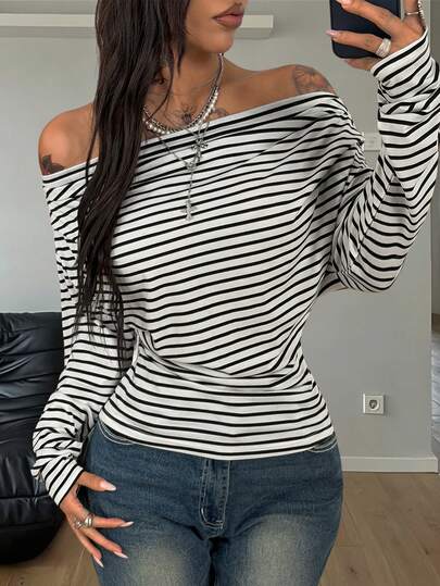 Coolane Women's Spring/Summer Streetwear Casual Chic Casual Basic Daily Wear Homecoming Striped Graphics Stretchy Off The Shoulder T-Shirt
