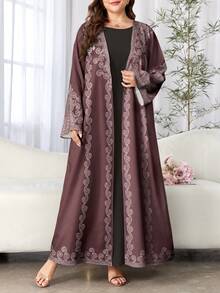 SHEIN Najma Áo khoác cardigan dài tay kiểu Abaya Ả Rập dáng maxi dành cho nữ cỡ lớn, họa tiết hoa điều cổ điển, thời trang thường ngày, thích hợp cho mùa xuân/thu. - Nhiều màu - Xem 1