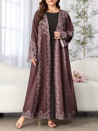 SHEIN Najma Plus Size Women's Retro Cashew Floral Pattern Print Fashion Long Sleeve Casual Arabic Abaya Cardigan Maxi Jacket, Spring/Autumn