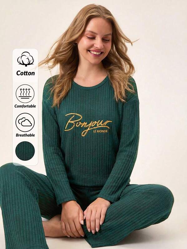 Loomlin Women's Letter Printed Long Sleeve Homewear Set