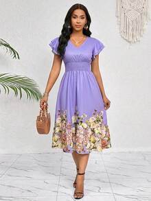 SHEIN Lady 女士休闲碎花中长连衣裙 - 淡紫色 - 查看 3