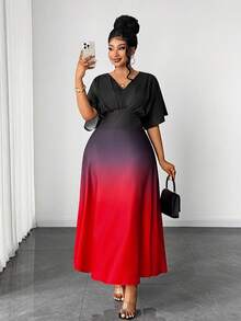 Maweii Plus Size Women Elegant Vintage Gradient Short/Long Sleeve Dress For Party - Multicolor - View 6