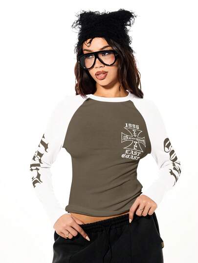 SUMWON WOMEN Raglan Sleeve Long Sleeve Tee With Cross Print And Gothic Letter Details For Casual Everyday Wear