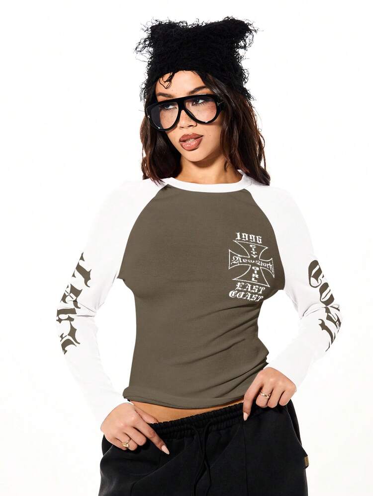 SUMWON WOMEN Raglan Sleeve Tee With Cross Print