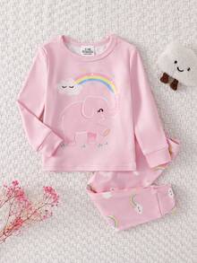 SHEIN 2pcs/Set Baby Girls' Pink Snug Fit Round Neck Long Sleeve Pants Knitted Soft & Cute Elephant & Rainbow Glow-In-The-Dark Pajamas, Best Gift For Baby Girls - Pink - View 4
