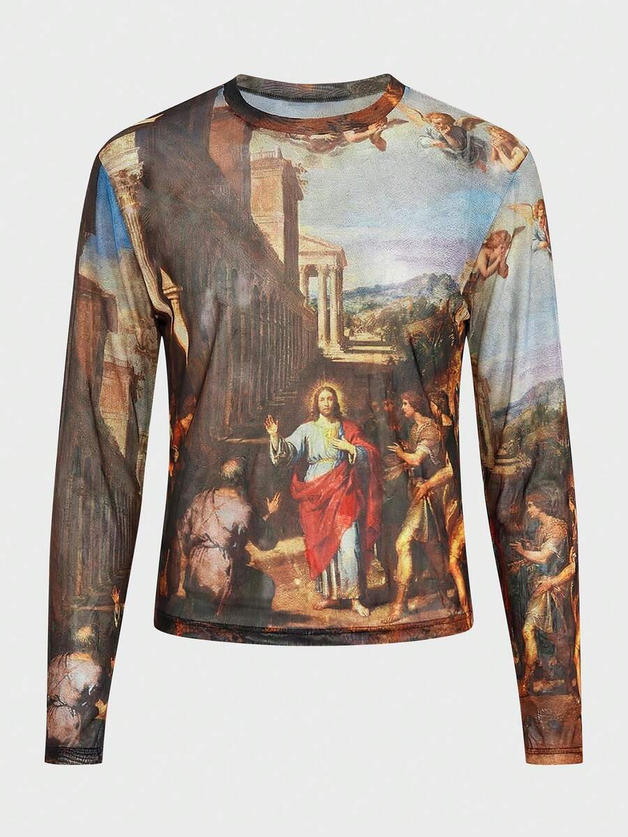 FeverCity Men's Casual Portrait Graphic Round Neck Long Sleeve T-Shirt, Autumn Long Sleeve Tops Graphic Religious Shirt Art Shirt - Multicolor - View 1