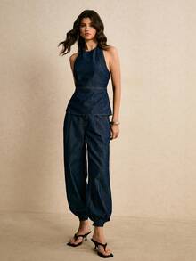 Poéselle Women's Casual Daily Commute Low Waist Side Pockets Tapered Leg Jeans - Dark Wash - View 4