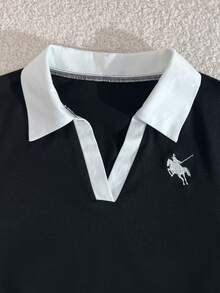 Teen Girl Casual Everyday Work Commute Contrast V-Neck Embroidered Long Sleeve Pleated Slim Fit T-Shirt And Drawstring Waist Wide Leg Pants Set, Spring/Autumn - Black - View 3