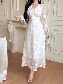 DAZY V-Neck Lace Long Sleeve Waist Cinched Dress For Women Dress Sundress - White - View 5