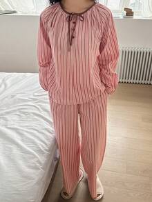 DAZY 条纹褶皱系领灯笼袖宽松女士睡衣套装 - 粉色 - 查看 6