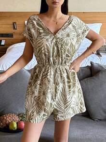 DAZY Beach Resort Style Botanical Print Romper Pajamas For Women - Green - View 8