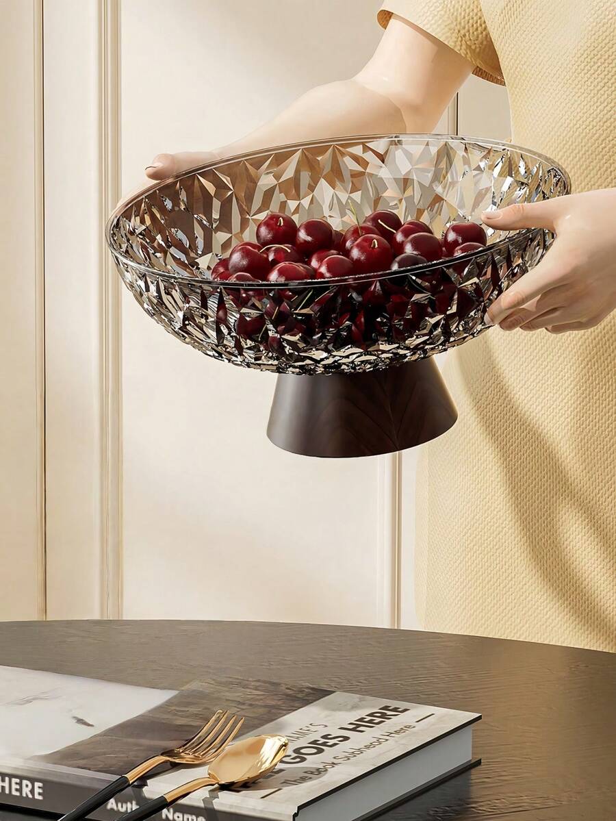 大容量水果盘，客厅派对糖果盘，甜点盘，零食盘，可重复使用仿木纹底座，带排水孔，防震 - 透明灰+木紋底座 - 查看 1