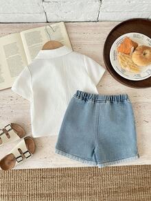 SHEIN 2pcs Baby Boy Casual Fashion Collegiate Short Sleeve Shirt And Distressed Denim Shorts Set,Blue And White Striped,Summer,City Break Toddler Outfit - Blue - View 2