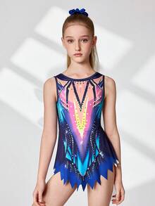 少女体操服，专业艺术体操和舞蹈服，色彩鲜艳的图案，高弹亲肤，四季皆宜，附带短裤，穿着舒适。 - 藍色 - 查看 5