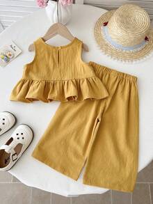 LMoss Kids Baby Girl Summer Casual Solid Color Ruffle Hem Top And Pants Set - Yellow - View 2
