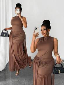 Maweii Plus Size Women Casual Vacation Ruffle Hem Fashionable Waist Cinched Bodycon Sexy Vacation Round Neck Dress - Brown - View 1