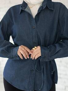 Livesso Women's Western Style Solid Color Tie-Up Loose Turndown Collar Long Sleeve Casual Denim Blouse, Spring & Summer - Blue - View 4