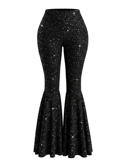 Xyvia Women's Black Solid Silver Polka Dot Fabric Waist Flared Leg Flare Pants, Elegant And Sophisticated, Suitable For Birthday Gifts, Dates, Parties, Slim Fit, Sexy, Street Style, Valentine's Day, May Day, Easter, Travel, Spring/Summer Flare Pants