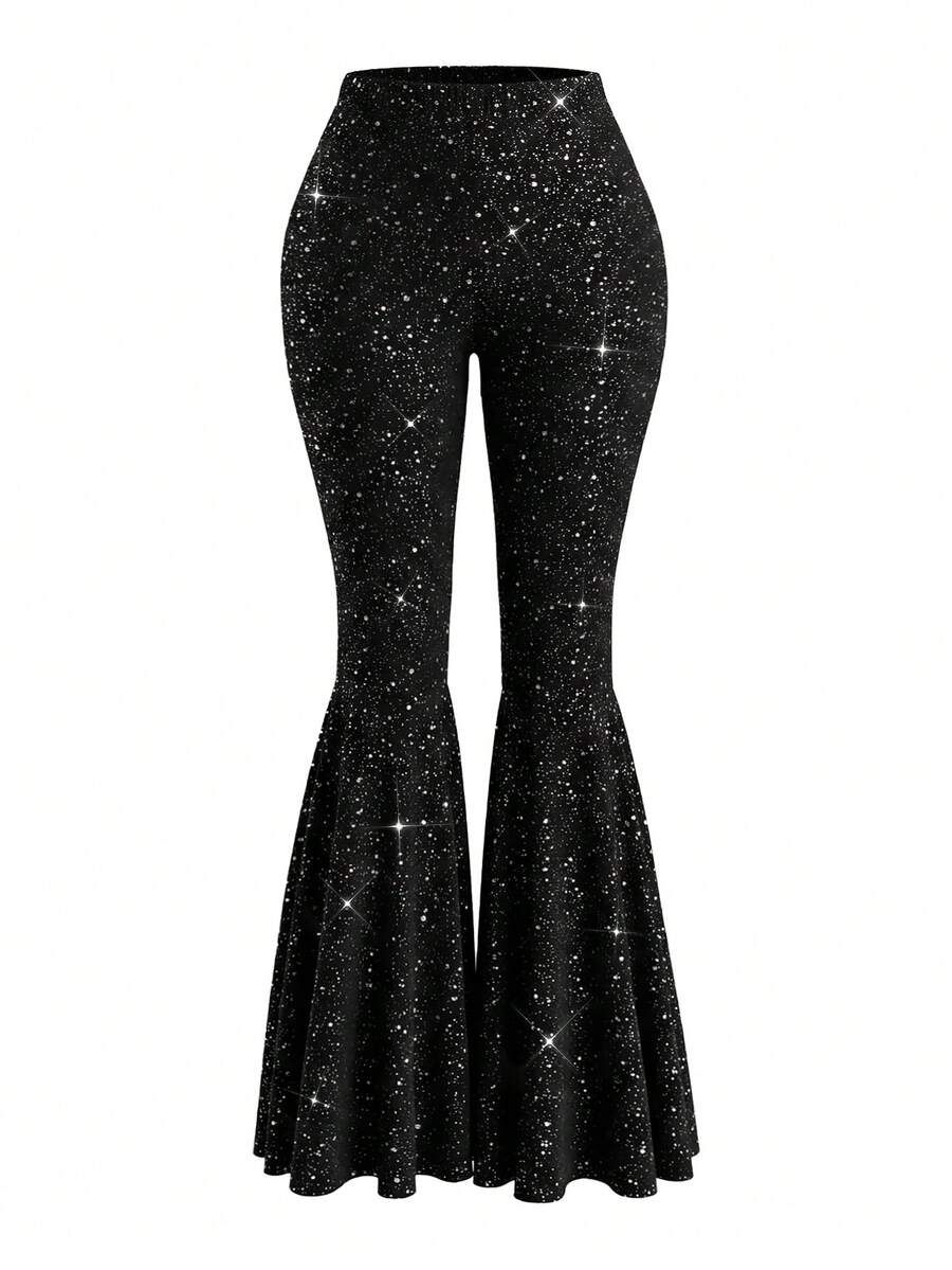 Xyvia Women's Black Solid Silver Polka Dot Fabric Waist Flared Leg Flare Pants, Elegant And Sophisticated, Suitable For Birthday Gifts, Dates, Parties, Slim Fit, Sexy, Street Style, Valentine's Day, May Day, Easter, Travel, Spring/Summer Flare Pants - Black - View 1