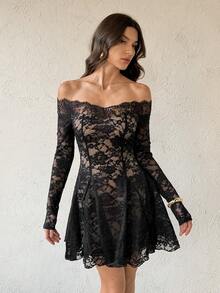 SHEIN Tall Black Lace Off Shoulder Bodycon Mini Dress, Elegant Sexy Women's Long Sleeve Lace Dress, Black Lace Dress, Elegant Little Black Dress - Black - View 3