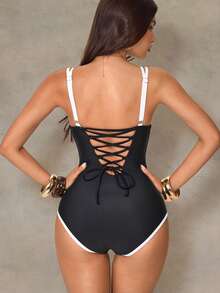 Shapewave 1pc Women's Black & White Striped Backless Tie-Up One-Piece Swimsuit - Black and White - View 2