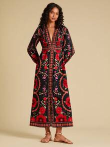 Travachic 女士印花深V领灯笼袖连衣裙，时尚假日连衣裙 - 黑色 - 查看 4