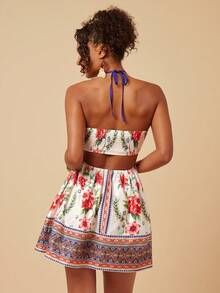 Travachic Sleeveless Halter Neck Hollow Out Tropical Print Vacation Dress - Multicolor - View 2