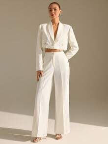 CLARA VERO Ensemble femme comprenant un blazer à manches longues avec col à revers fleuri et perles, avec ceinture, et un pantalon large, blanc - Blanc - Voir 4