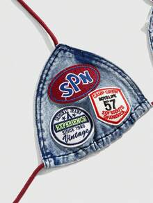 ROMWE Avant 女士 Y2K 复古标语刺绣系带露脐性感牛仔上衣 - 淺色水洗藍 - 查看 3