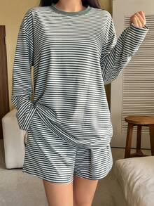 DAZY Women's Casual Striped Loose Pajama Set - Green - View 7