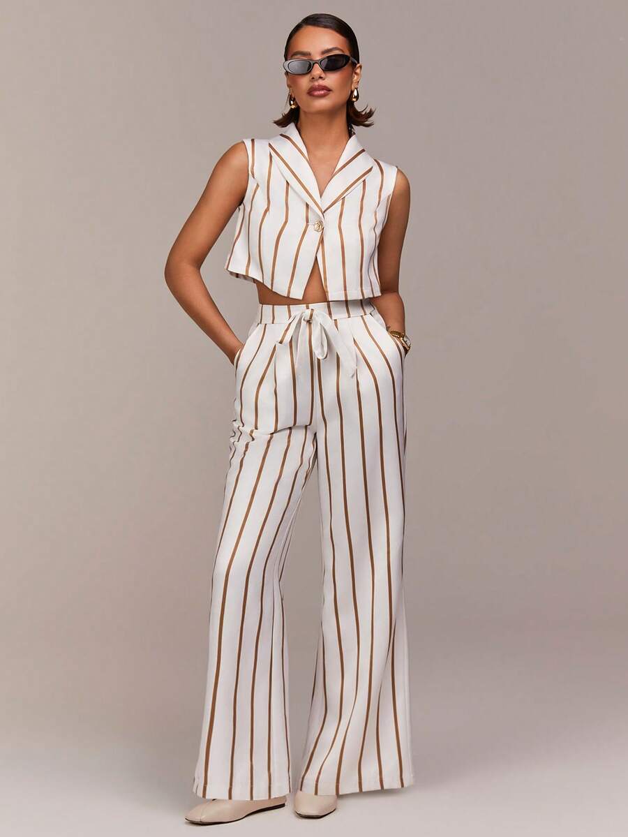 COSMINA 女士优雅无袖条纹套装两件套，适合通勤、办公、外出、春季聚会、婚礼等多种场合，金属纽扣翻领 - 彩色 - 查看 1