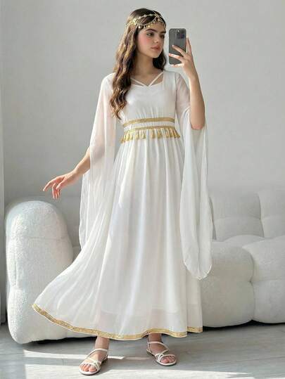 Vestido de cuello cuadrado para niña preadolescente con una banda de seda dorada a la cintura media y decoración de encaje con borlas, es cómodo, de moda, elegante y dulce, adecuado para uso diario y de fiesta en verano.