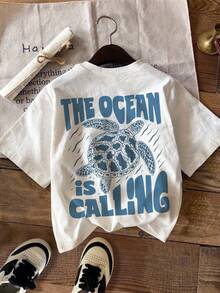 SHEIN Baby Boy Casual Cartoon Print Short Sleeve Crew Neck Top, Suitable For Summer