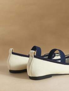 Mnmlis Navy Blue Lace-Up Canvas Mary Jane Shoes, Bow Tie Design, Fresh French Girl Retro Mary Jane Canvas Shoes, Suitable For Commuting And Dating With A Light Sweet Vibe - Beige - View 5