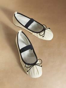 Mnmlis Navy Blue Lace-Up Canvas Mary Jane Shoes, Bow Tie Design, Fresh French Girl Retro Mary Jane Canvas Shoes, Suitable For Commuting And Dating With A Light Sweet Vibe - Beige - View 1