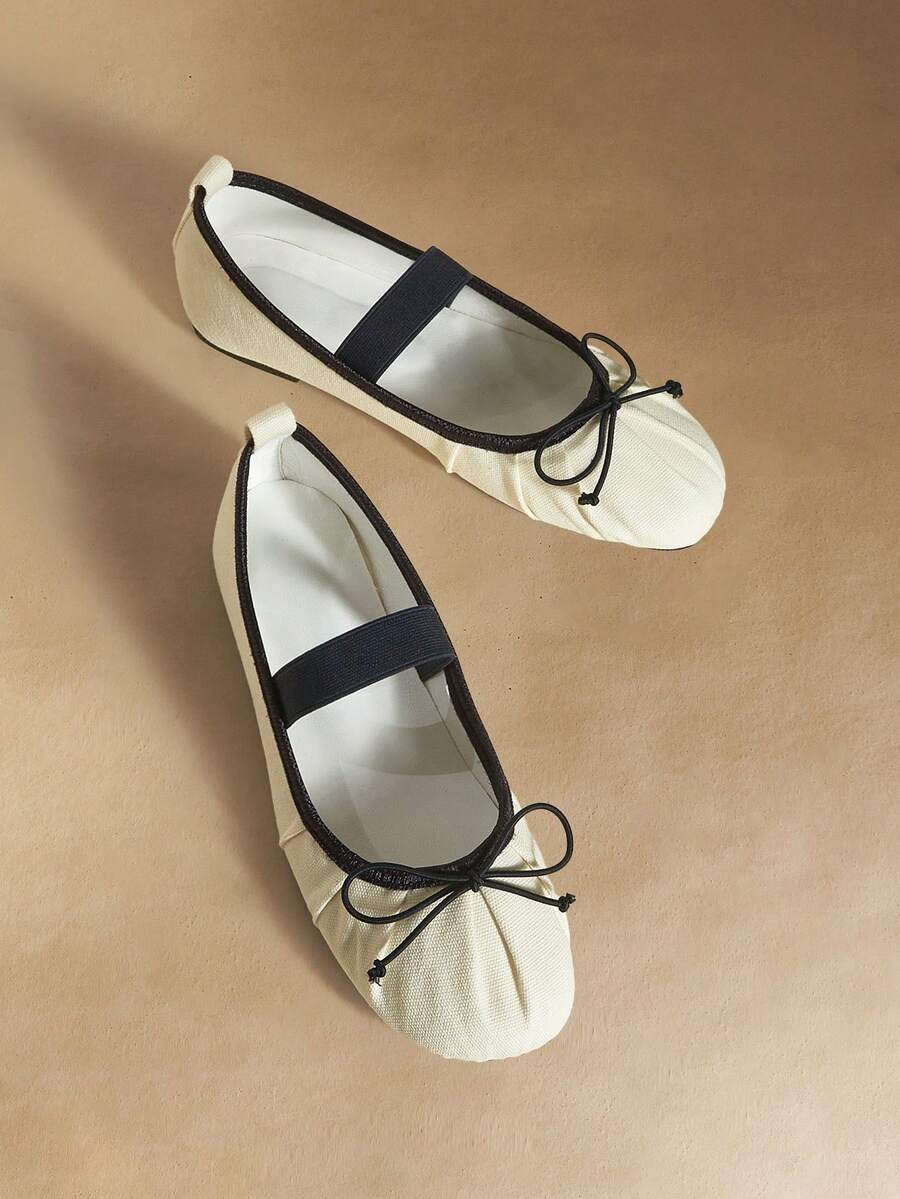 Mnmlis Navy Blue Lace-Up Canvas Mary Jane Shoes, Bow Tie Design, Fresh French Girl Retro Mary Jane Canvas Shoes, Suitable For Commuting And Dating With A Light Sweet Vibe - Beige - View 1