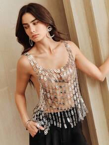 Anewsta 艺术派对金属链编织多色搭扣镂空装饰派对个性化吊带背心 - 銀色 - 查看 6