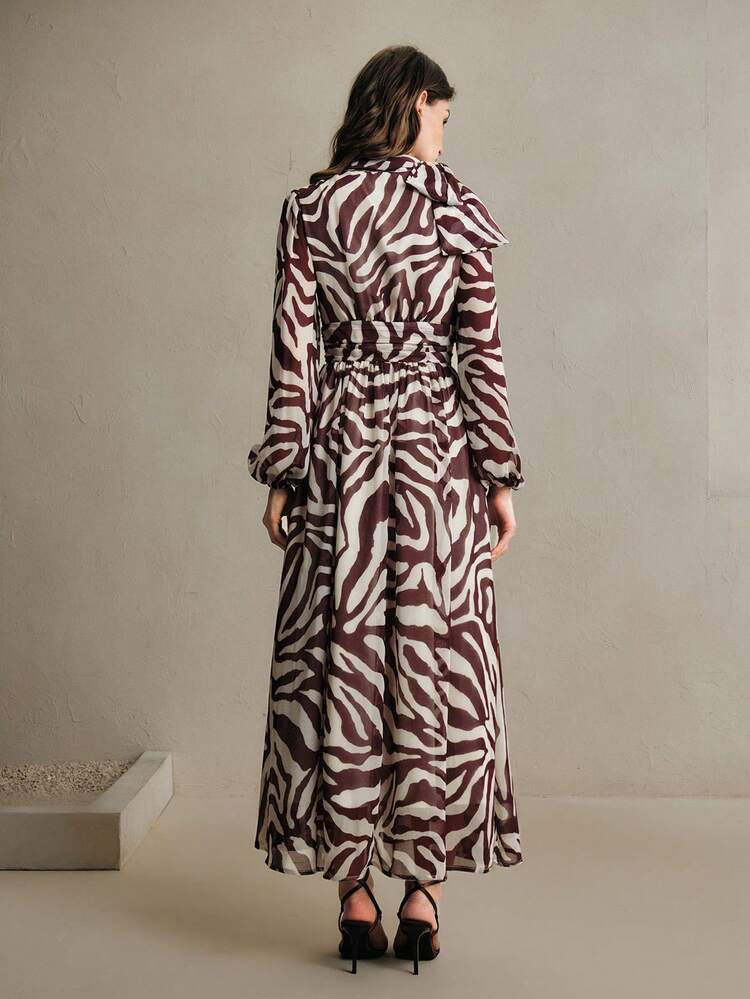 Women's Elegant Tie Collar Ruched Waist Long Sleeve Dress, Brown, Spring/Summer Women's Maxi Dress Zebra Print Dress