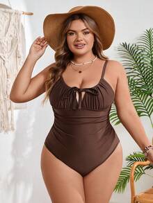 SHEIN CURVE+ Plus Size Women Coffee Color Fabric Chest Drawstring Hollow Design One-Piece Swimsuit, Suitable For Beach Vacation - Coffee Brown - View 3