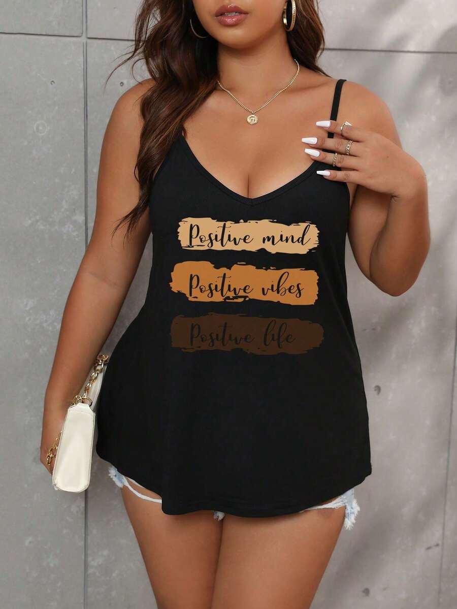 Calvaya Plus Size Letter Graphic Cami Top Positive Mind Positive Vibes Positive Life For Summer - Black - View 1
