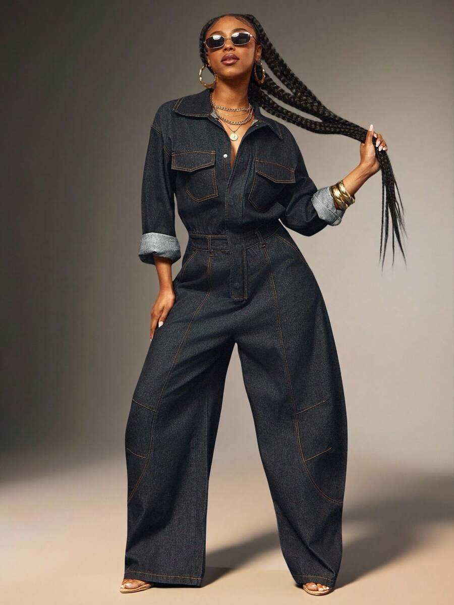 Denimoi Button Front Collared Long Sleeve Barrel Leg Denim Jumpsuit Barrel Jeans Long Sleeve Jumpsuit - Dark Wash - View 1