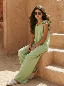 少女休闲日常柔软针织V领无袖波西米亚风连体裤 - 軍綠色 - 查看 2