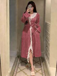 DAZY Women's Long Plush Lace Ruffle Hem Splice Pink Bathrobe, Winter - Baby Pink - View 5