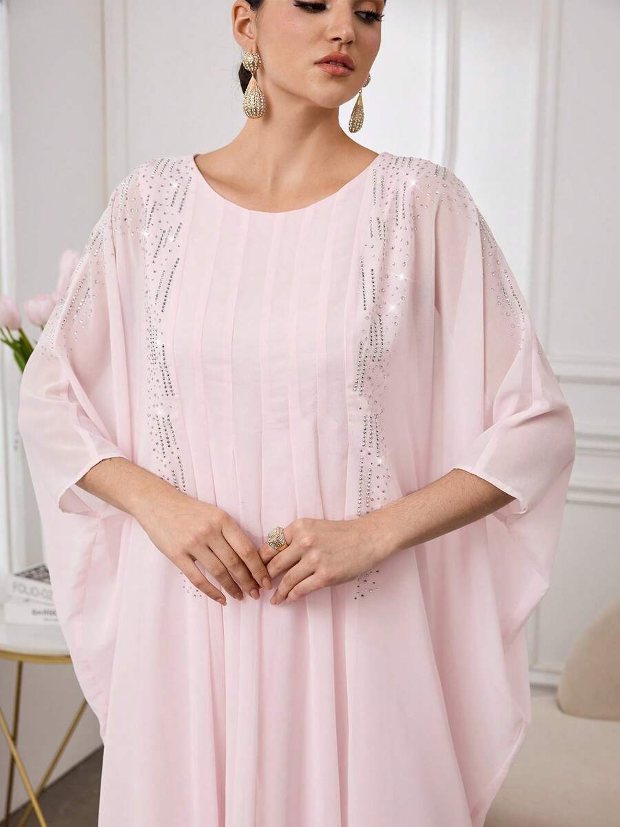 Al Najma Elegant & Chic Party/Banquet/Date Rhinestone Batwing Sleeve Loose Arabic Traditional Long Dress - Pink - View 1
