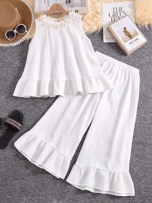 Serisse Kids Tween Girl Fashionable Elegant Round Neck Sleeveless Top And Wide Leg Pants Set - Apricot - View 4