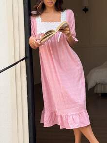 Napfluff 女士宽松短袖睡裙，甜美可爱睡衣，春夏薄款中长连衣裙 - 粉色 - 查看 4