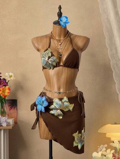 Bellisia 3pcs/Set Women's Colorful Floral Pattern Swimsuit Set, Summer