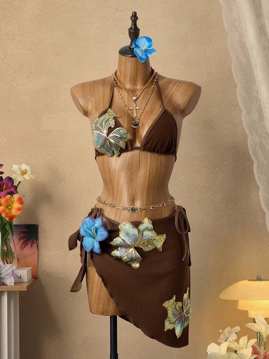 Bellisia Bộ 3 món đồ bơi nữ họa tiết hoa nhiều màu sắc, thích hợp cho mùa hè. - màu nâu - Xem 1