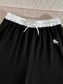 Teen Girl Casual Everyday Work Commute Contrast V-Neck Embroidered Long Sleeve Pleated Slim Fit T-Shirt And Drawstring Waist Wide Leg Pants Set, Spring/Autumn - Black - View 7