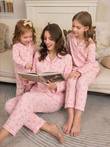 两件套女童碎花柔软舒适长袖睡衣套装，包含长裤和上衣 - 彩色 - 查看 3